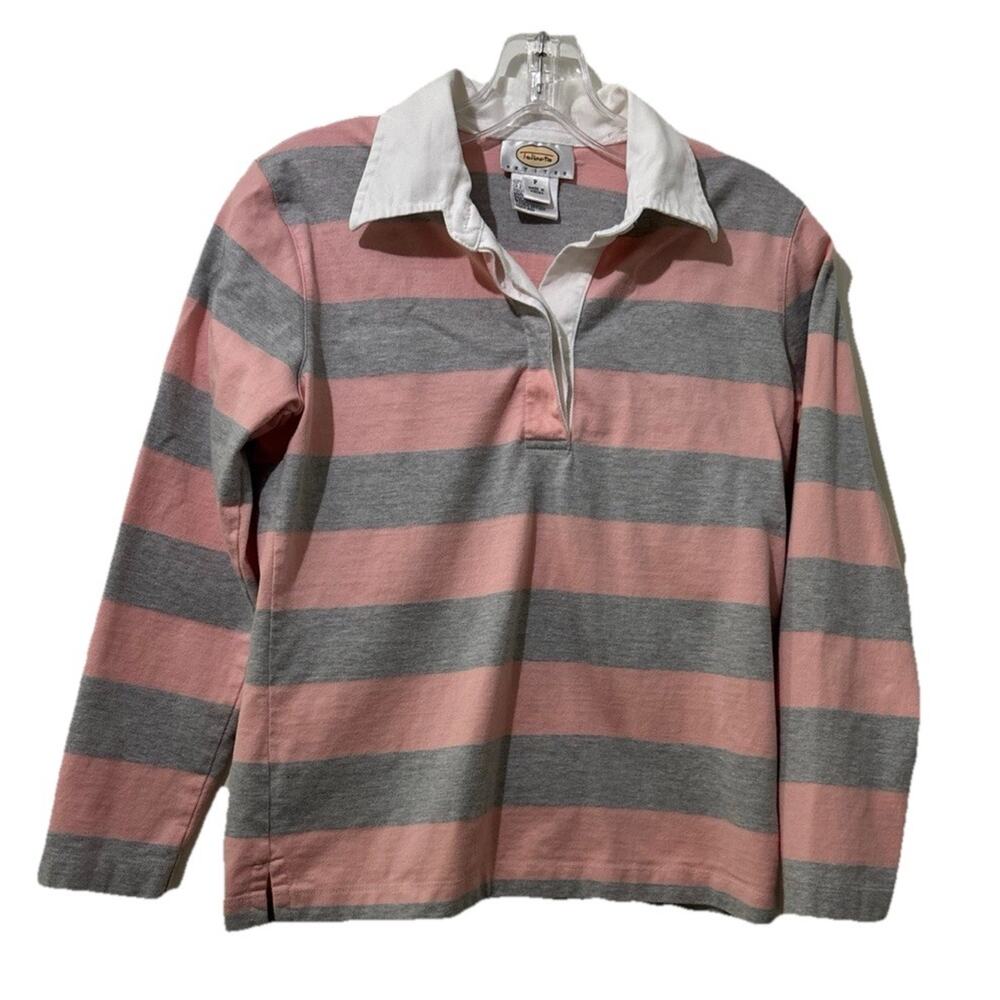 Vintage Talbots Petites Size P/XS Pink Gray Striped Rugby Shirt Preppy Top Y2K